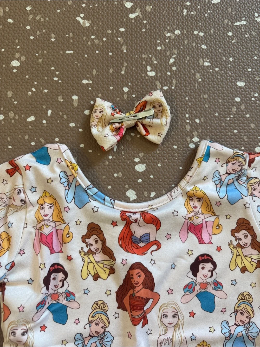 Girls Two-Piece Princess Print Set with Bow - White Multicolor